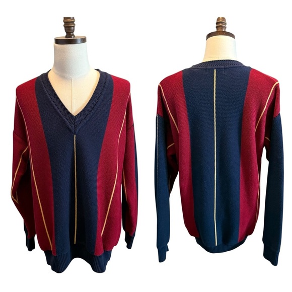 Vintage 90s Color Block Sweater Size XL Striped Navy Red V-neck Preppy Rugby - Picture 9 of 9